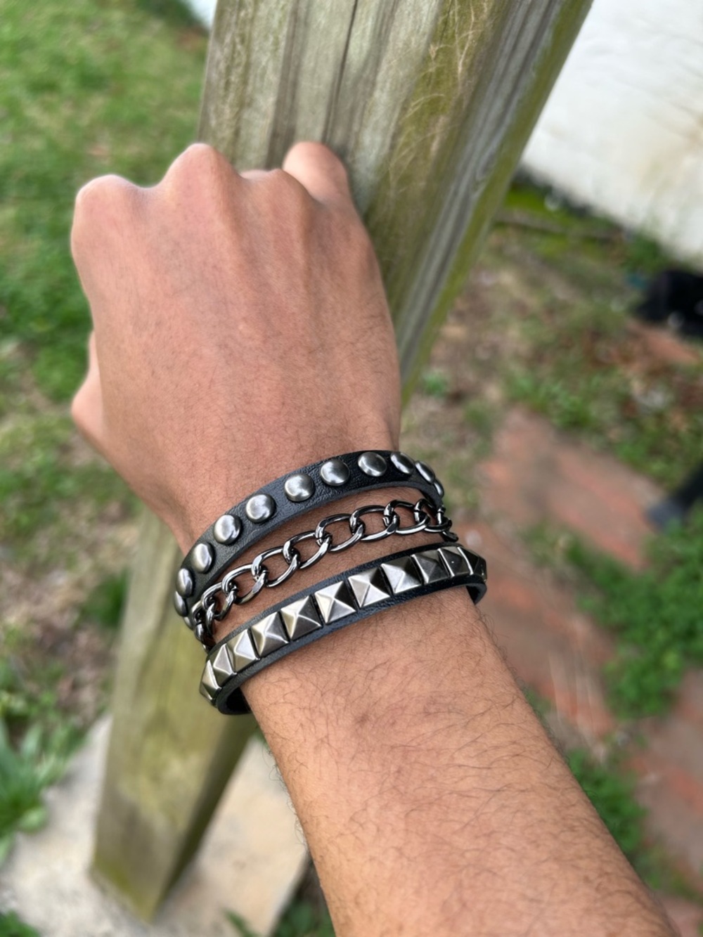 Black Studded & Chain faux Leather Bracelet Set